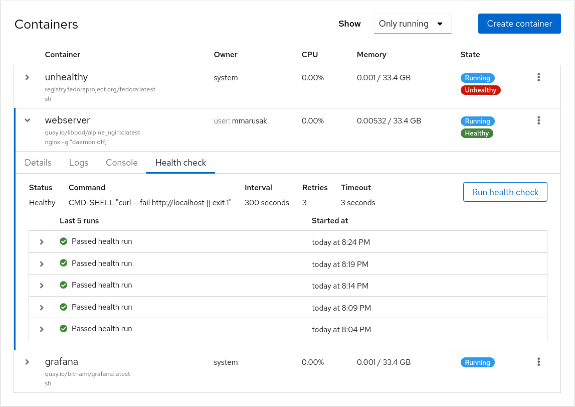 screenshot of health checks in Cockpit-Podman