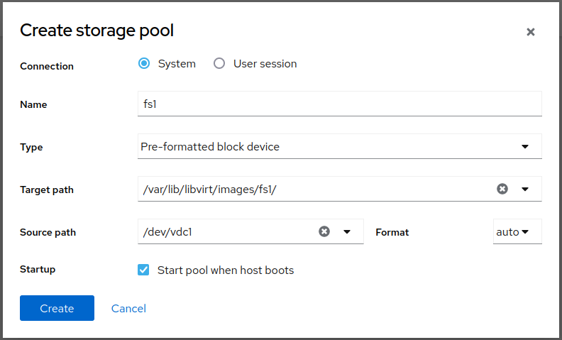 Virtual machine creation modal dialog with "pre-formatted block device" selected