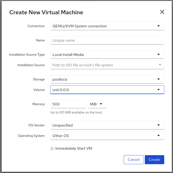 VM creation with iSCSI pool